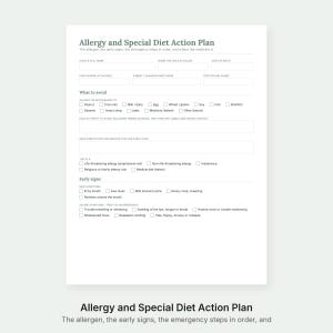 May include: A white Allergy and Special Diet Action Plan form with dark text. It includes sections for personal details, allergens to avoid, safe substitutes, and checklists for early signs of mild and severe symptoms, including emergency steps.