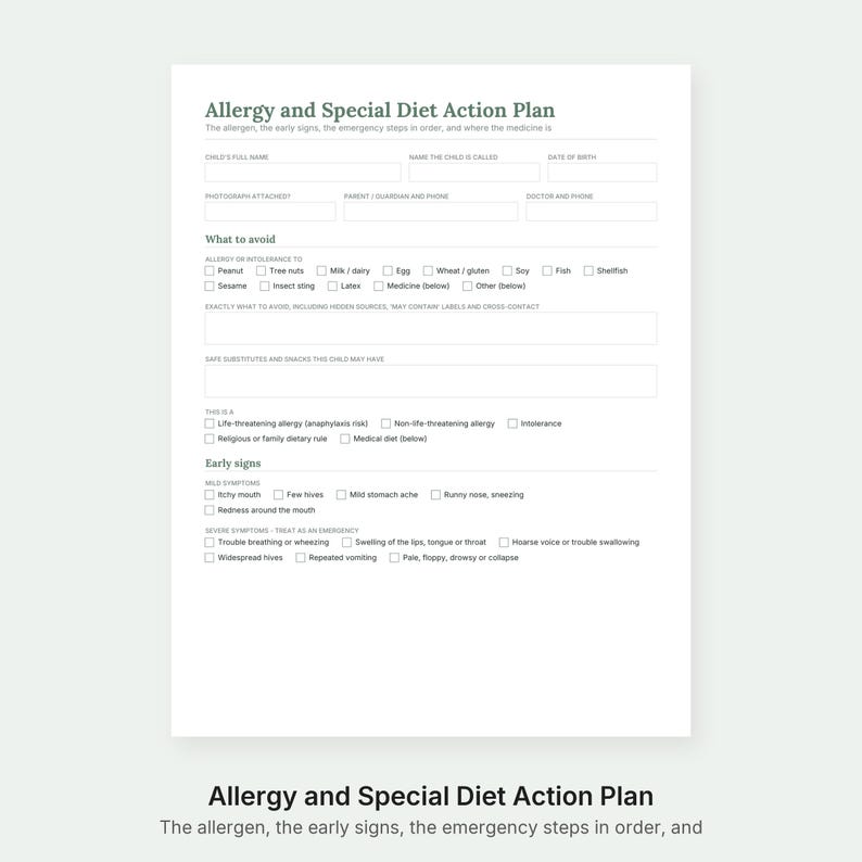 May include: A white Allergy and Special Diet Action Plan form with dark text. It includes sections for personal details, allergens to avoid, safe substitutes, and checklists for early signs of mild and severe symptoms, including emergency steps.