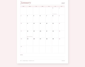 May include: A white printable calendar page for January 2027 with a blush pink header. The grid features black text for days of the week and dates, including New Year's Day and Martin Luther King Jr. Day. A notes section is at the bottom of the page.