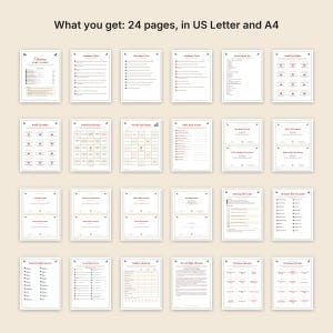 May include: A collection of 24 printable Christmas party game pages, presented in US Letter and A4 formats. The set includes various activities like trivia, bingo, word scrambles, and gift exchange games, all featuring black text on white paper.