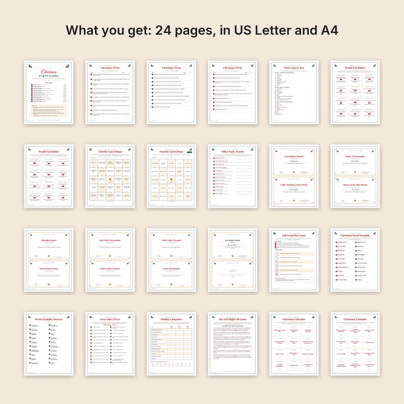 May include: A collection of 24 printable Christmas party game pages, presented in US Letter and A4 formats. The set includes various activities like trivia, bingo, word scrambles, and gift exchange games, all featuring black text on white paper.