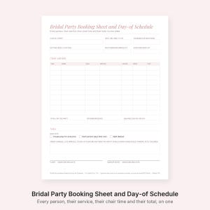 Puede incluir: Una hoja de reserva y cronograma para cortejo nupcial en color blanco con encabezados en rosa. El documento incluye campos para detalles del evento, una tabla de horarios, informaci&oacute;n de pago, notas y l&iacute;neas para firmas de cliente y artista.