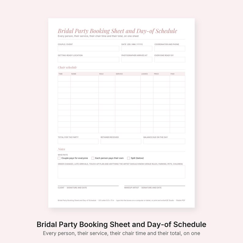 Puede incluir: Una hoja de reserva y cronograma para cortejo nupcial en color blanco con encabezados en rosa. El documento incluye campos para detalles del evento, una tabla de horarios, informaci&oacute;n de pago, notas y l&iacute;neas para firmas de cliente y artista.