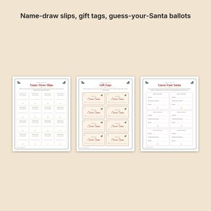 May include: Three printable sheets featuring Name-Draw Slips, Gift Tags, and Guess Your Santa ballots. Each page includes dark red text, holly leaf accents, and dashed lines for cutting. The sheets are organized with multiple sections for holiday activities.