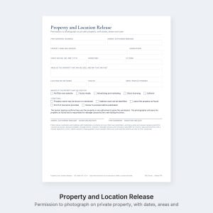 Puede incluir: Un formulario de Property and Location Release blanco con texto negro. El documento incluye campos para fot&oacute;grafo, propietario, direcci&oacute;n, fechas, horas y casillas de verificaci&oacute;n para portafolio, redes sociales, publicidad y uso editorial.