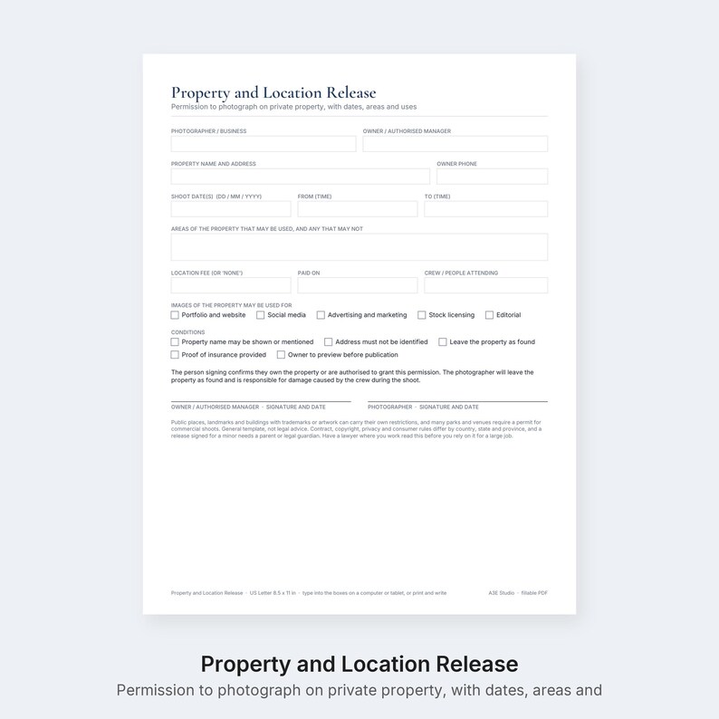 Puede incluir: Un formulario de Property and Location Release blanco con texto negro. El documento incluye campos para fot&oacute;grafo, propietario, direcci&oacute;n, fechas, horas y casillas de verificaci&oacute;n para portafolio, redes sociales, publicidad y uso editorial.