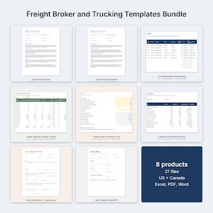 Può includere: Un pacchetto digitale intitolato Freight Broker and Trucking Templates Bundle contenente 8 prodotti e 27 file in formato Excel, PDF e Word per Stati Uniti e Canada, inclusi contratti per vettori, fogli di calcolo per spedizioni e dashboard.