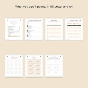 May include: A digital Secret Santa organizer kit consisting of seven printable pages in US Letter size. The pages include a questionnaire, sign-up sheet, organizer tracker, name-draw slips, gift tags, and a guess your Santa sheet with red text.