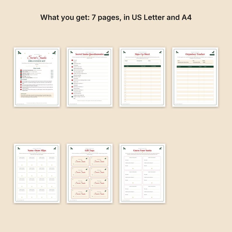 May include: A digital Secret Santa organizer kit consisting of seven printable pages in US Letter size. The pages include a questionnaire, sign-up sheet, organizer tracker, name-draw slips, gift tags, and a guess your Santa sheet with red text.