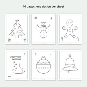 May include: A set of 14 coloring pages, each featuring a unique holiday design. The black and white line art includes a Christmas tree, a snowman, a gingerbread person, a stocking, a bauble, and a bell. The text 14 pages, one design per sheet is visible.