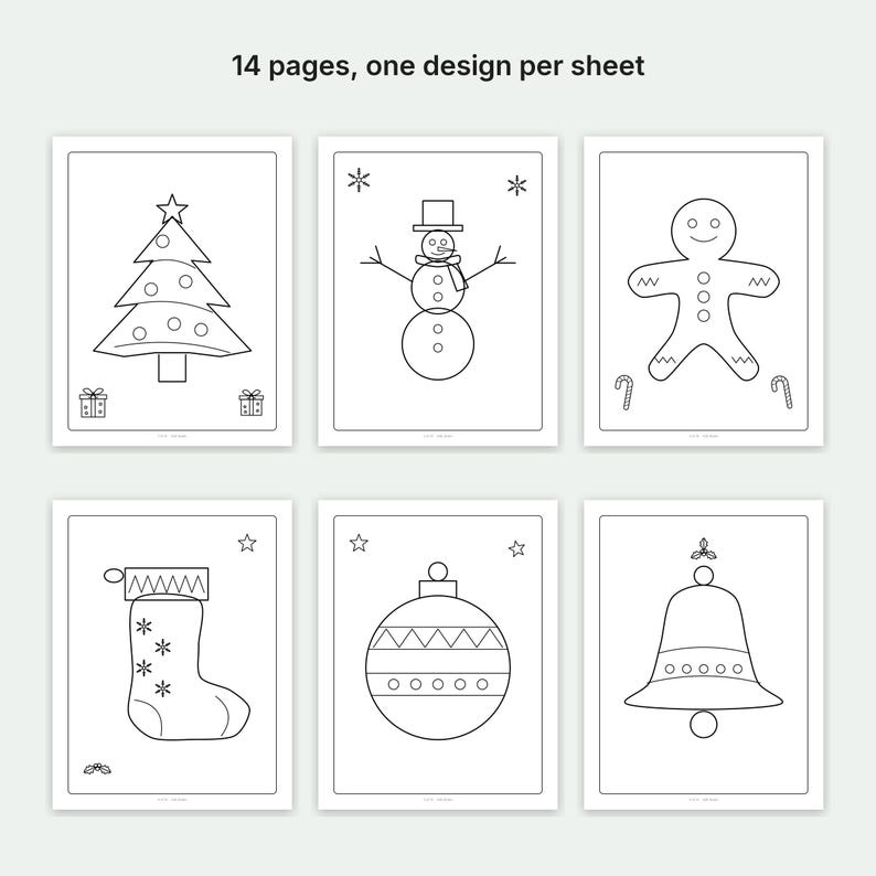 May include: A set of 14 coloring pages, each featuring a unique holiday design. The black and white line art includes a Christmas tree, a snowman, a gingerbread person, a stocking, a bauble, and a bell. The text 14 pages, one design per sheet is visible.