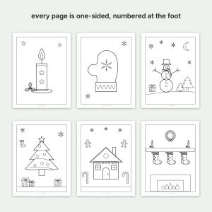 May include: A set of six black and white coloring pages featuring holiday themes including a candle, mitten, snowman, Christmas tree, gingerbread house, and fireplace with stockings. The text reads: every page is one-sided, numbered at the foot.