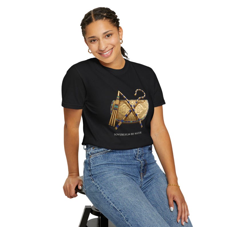 Crook and Flail Sarcophagus T-Shirt, Bronze & Nile Collection, African Art Gift (Garment-Dyed) image 4