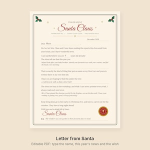 May include: A cream-colored letter from Santa Claus with a green and red border featuring holly accents. The text includes From the desk of Santa Claus, Workshop No. 1, Candy Cane Lane, The North Pole, and a red circular seal at the bottom right.