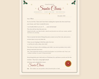 May include: A cream-colored letter from Santa Claus with a green and red border featuring holly accents. The text includes From the desk of Santa Claus, Workshop No. 1, Candy Cane Lane, The North Pole, and a red circular seal at the bottom right.