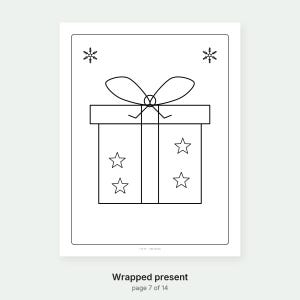 May include: A black and white coloring page featuring a rectangular gift box tied with a ribbon and bow. The box is decorated with four five-pointed stars, and two snowflakes are positioned in the upper corners. The text reads Wrapped present page 7 of 14.