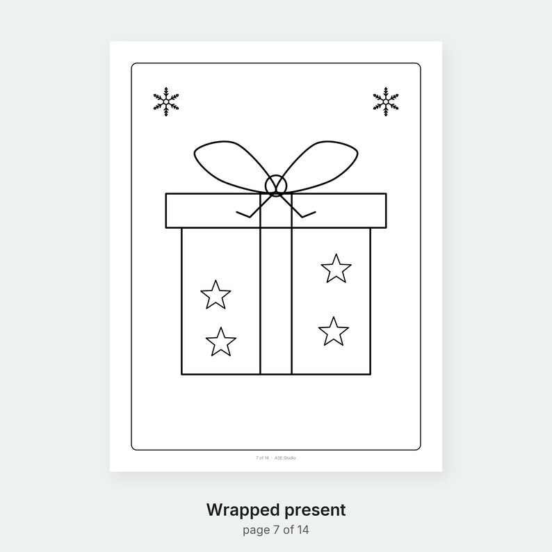 May include: A black and white coloring page featuring a rectangular gift box tied with a ribbon and bow. The box is decorated with four five-pointed stars, and two snowflakes are positioned in the upper corners. The text reads Wrapped present page 7 of 14.