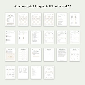 K&ouml;nnte beinhalten: Eine Sammlung von 22 druckbaren Babyparty-Spielb&ouml;gen mit verschiedenen Aktivit&auml;ten wie Bingo, Quiz und Wortr&auml;tseln. Die Dokumente sind in einem Rasterlayout mit schwarzem Text auf wei&szlig;em Hintergrund angeordnet und in den Formaten US Letter und A4 erh&auml;ltlich.