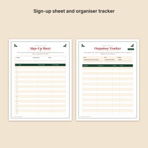May include: A Secret Santa kit featuring two printable pages: a Sign-Up Sheet and an Organiser Tracker. Both documents have a white background with dark green borders, red text headers, and small holly leaf illustrations in the corners.
