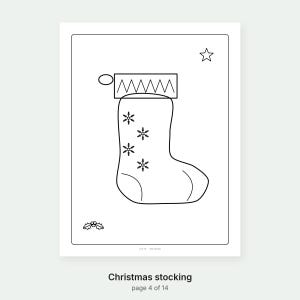 May include: A black and white line art coloring page featuring a Christmas stocking decorated with four snowflake patterns. The design includes a rectangular cuff with a zigzag pattern, a small star in the upper right corner, and holly leaves.