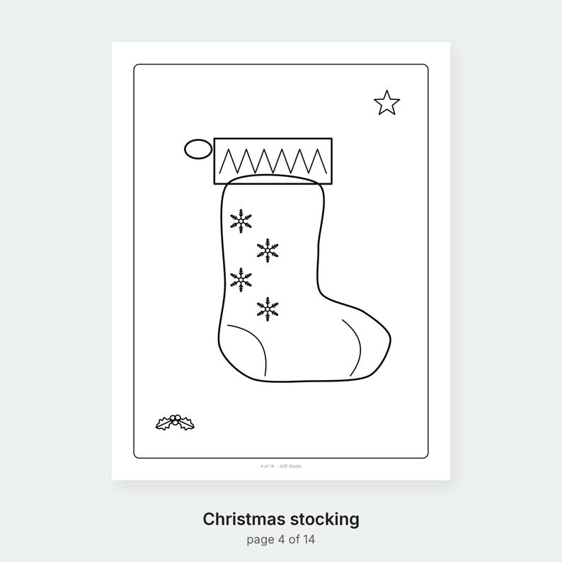 May include: A black and white line art coloring page featuring a Christmas stocking decorated with four snowflake patterns. The design includes a rectangular cuff with a zigzag pattern, a small star in the upper right corner, and holly leaves.