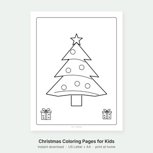 May include: A black and white coloring page featuring a stylized Christmas tree topped with a star and decorated with circular ornaments. Two small gift boxes with star patterns and bows are positioned at the bottom corners of the page.