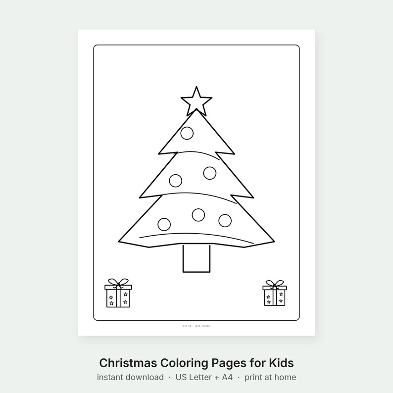 May include: A black and white coloring page featuring a stylized Christmas tree topped with a star and decorated with circular ornaments. Two small gift boxes with star patterns and bows are positioned at the bottom corners of the page.