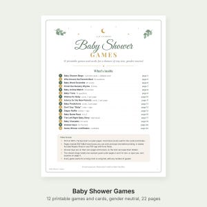 K&ouml;nnte beinhalten: Ein druckbares Dokument mit dem Titel Baby Shower Games, das eine Liste von 16 Aktivit&auml;ten wie Bingo, Trivia und Word Scramble enth&auml;lt. Die Seite umfasst einen How to use-Abschnitt mit Anweisungen zum Drucken und Bearbeiten, verziert mit kleinen gr&uuml;nen Bl&auml;ttern.