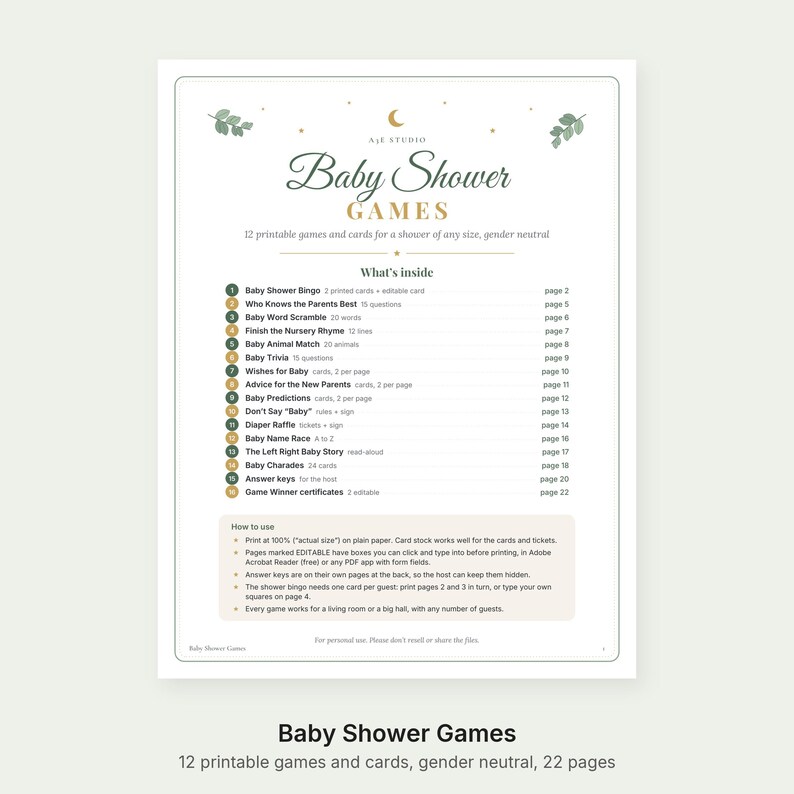 K&ouml;nnte beinhalten: Ein druckbares Dokument mit dem Titel Baby Shower Games, das eine Liste von 16 Aktivit&auml;ten wie Bingo, Trivia und Word Scramble enth&auml;lt. Die Seite umfasst einen How to use-Abschnitt mit Anweisungen zum Drucken und Bearbeiten, verziert mit kleinen gr&uuml;nen Bl&auml;ttern.