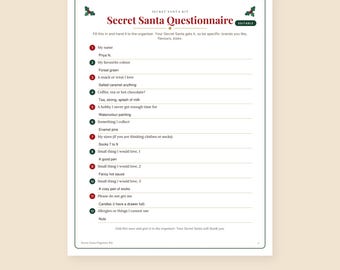 May include: A printable Secret Santa Questionnaire form with a festive border featuring holly leaves. The document includes twelve numbered prompts for personal preferences, hobbies, and sizes, with filled-in responses in dark green text on a white background.