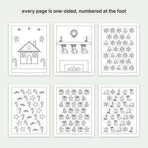 May include: A set of six black and white coloring pages featuring Christmas themes including a gingerbread house, a fireplace with stockings, ornaments, candy canes, stars, gifts, trees, snowflakes, candles, mittens, and hats. Text reads: every page is one-sided, numbered at the foot.