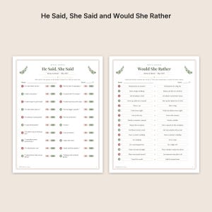 May include: Two white bridal shower game cards titled He Said, She Said and Would She Rather. Each card features green eucalyptus leaf accents, the names Emma & Daniel, and the date May 2027. The text is printed in black on a white background.