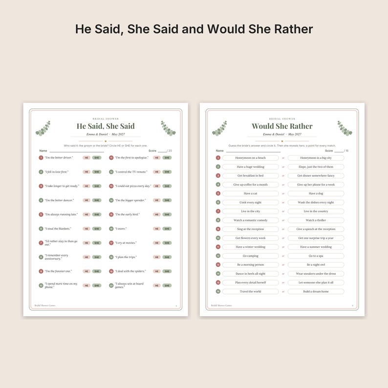 May include: Two white bridal shower game cards titled He Said, She Said and Would She Rather. Each card features green eucalyptus leaf accents, the names Emma & Daniel, and the date May 2027. The text is printed in black on a white background.