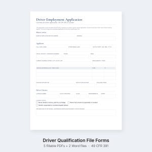 May include: A white Driver Employment Application form with black text. The document includes sections for Motor carrier, Applicant details, and Driver's licence information, featuring blank fields for data entry and checkboxes for licence status.