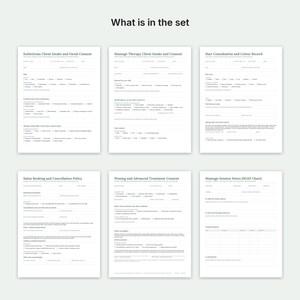 May include: A set of six white printed forms titled What is in the set, including Esthetician Client Intake and Facial Consent, Massage Therapy Client Intake and Consent, Hair Consultation and Colour Record, Salon Booking and Cancellation Policy, Waxing and Advanced Treatment Consent, and Massage Session Notes.