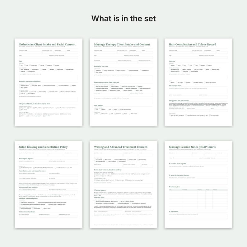 May include: A set of six white printed forms titled What is in the set, including Esthetician Client Intake and Facial Consent, Massage Therapy Client Intake and Consent, Hair Consultation and Colour Record, Salon Booking and Cancellation Policy, Waxing and Advanced Treatment Consent, and Massage Session Notes.