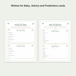K&ouml;nnte beinhalten: Zwei wei&szlig;e rechteckige Karten mit gr&uuml;nen Blattmotiven und schwarzem Text. Die linke Karte tr&auml;gt den Titel Wishes for Baby mit Zeilen zum Ausf&uuml;llen. Die rechte Karte ist mit Baby Predictions betitelt und enth&auml;lt Felder f&uuml;r Ankunftsdatum, Gewicht, L&auml;nge und k&ouml;rperliche Merkmale.