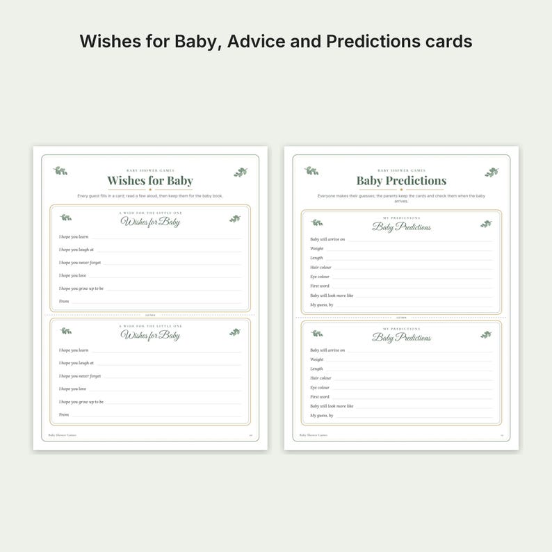 K&ouml;nnte beinhalten: Zwei wei&szlig;e rechteckige Karten mit gr&uuml;nen Blattmotiven und schwarzem Text. Die linke Karte tr&auml;gt den Titel Wishes for Baby mit Zeilen zum Ausf&uuml;llen. Die rechte Karte ist mit Baby Predictions betitelt und enth&auml;lt Felder f&uuml;r Ankunftsdatum, Gewicht, L&auml;nge und k&ouml;rperliche Merkmale.
