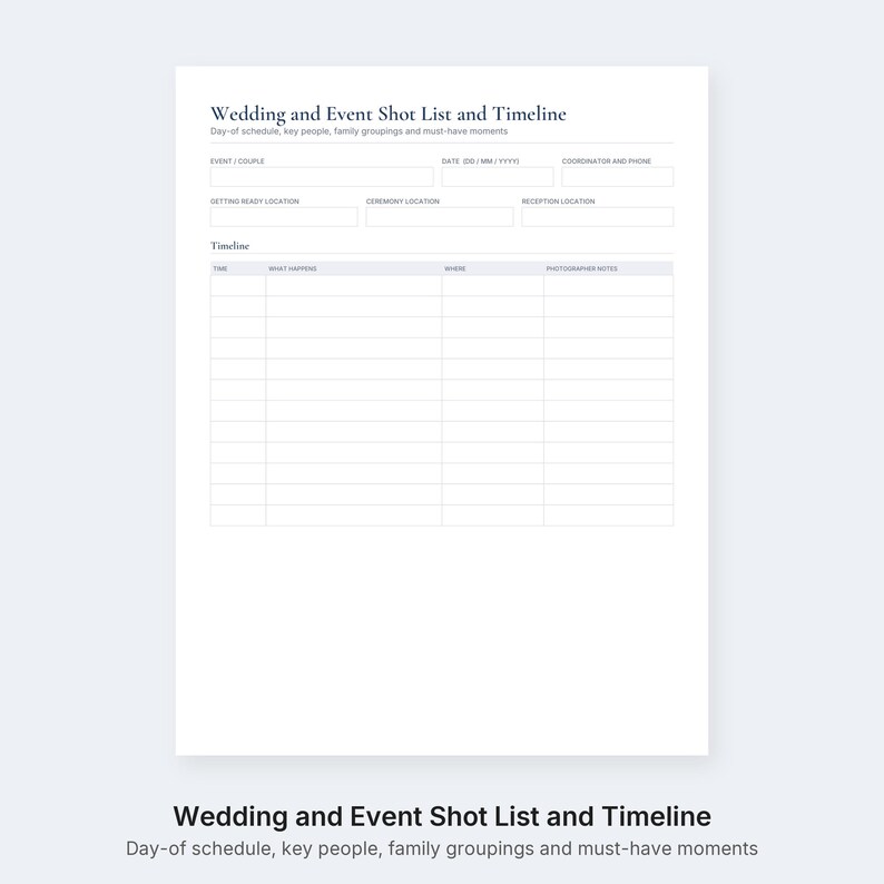 Puede incluir: Un documento imprimible de lista de fotos y cronograma para bodas y eventos. El encabezado dice Wedding and Event Shot List and Timeline. Incluye campos para el evento, la pareja, la fecha, el coordinador y las ubicaciones, adem&aacute;s de una cuadr&iacute;cula.
