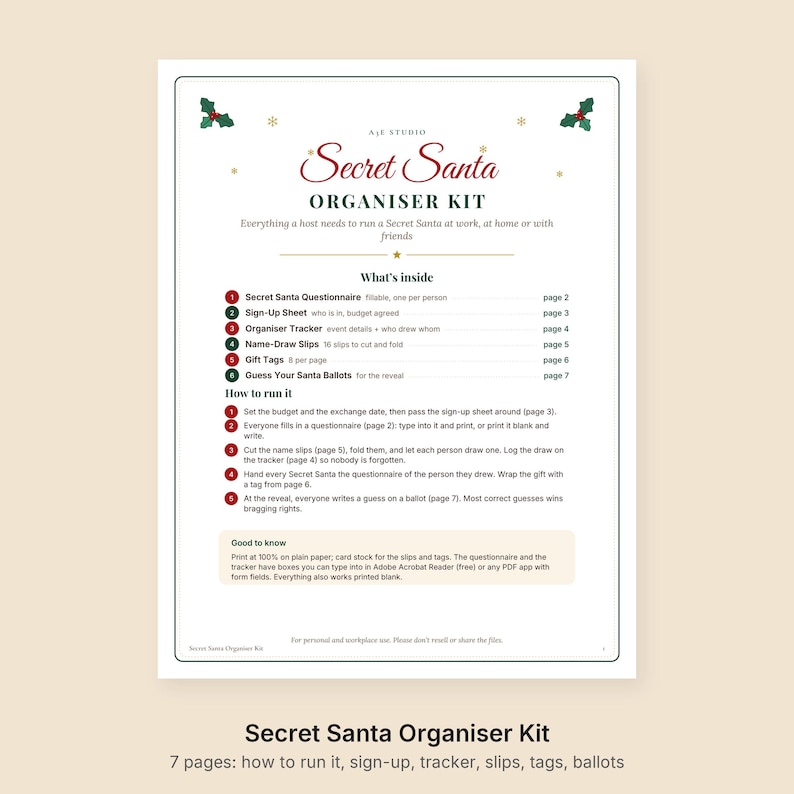 May include: A Secret Santa Organiser Kit document featuring a title, instructions, and a list of contents including a questionnaire, sign-up sheet, tracker, name-draw slips, gift tags, and ballots. The page has holly icons and red and green text.