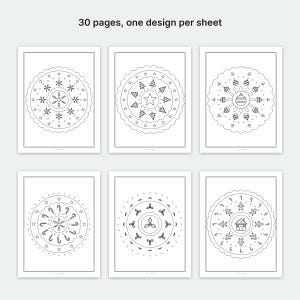 May include: A set of 30 coloring pages with one design per sheet, featuring six black and white circular mandala patterns with Christmas themes including snowflakes, trees, ornaments, candy canes, holly leaves, and a gingerbread house.