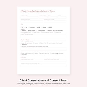 Puede incluir: Un formulario de consulta y consentimiento del cliente en color blanco con encabezados de texto rosa. El documento incluye secciones para informaci&oacute;n del cliente, tipo de piel, condiciones cut&aacute;neas, alergias y preferencias de maquillaje.