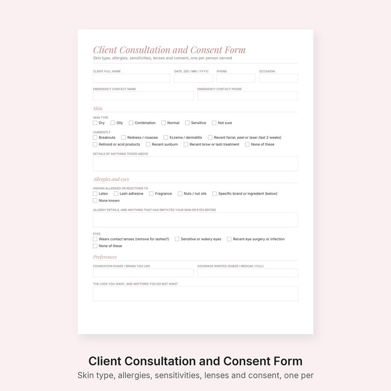 Puede incluir: Un formulario de consulta y consentimiento del cliente en color blanco con encabezados de texto rosa. El documento incluye secciones para informaci&oacute;n del cliente, tipo de piel, condiciones cut&aacute;neas, alergias y preferencias de maquillaje.