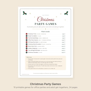 May include: A printable document titled Christmas Party Games featuring a list of 10 activities including Christmas Trivia, Would You Rather, Find the Guest Bingo, Office Party Awards, Gift Swap Dice Game, Word Scramble, Never Have I Ever, and Charades.