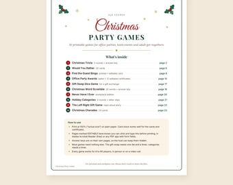 May include: A printable document titled Christmas Party Games featuring a list of 10 activities including Christmas Trivia, Would You Rather, Find the Guest Bingo, Office Party Awards, Gift Swap Dice Game, Word Scramble, Never Have I Ever, and Charades.