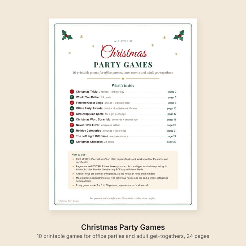 May include: A printable document titled Christmas Party Games featuring a list of 10 activities including Christmas Trivia, Would You Rather, Find the Guest Bingo, Office Party Awards, Gift Swap Dice Game, Word Scramble, Never Have I Ever, and Charades.