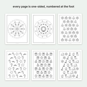 May include: Six black and white coloring pages featuring holiday themes like snowflakes, mittens, bells, candy canes, gingerbread men, gifts, and Christmas trees. The text at the top reads: every page is one-sided, numbered at the foot.