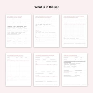 Puede incluir: Un conjunto de seis formularios impresos en blanco titulados What is in the set, que incluyen un contrato de servicios de maquillaje, un formulario de consulta del cliente, una hoja de reserva, un registro de prueba, una factura y una autorizaci&oacute;n de redes sociales.