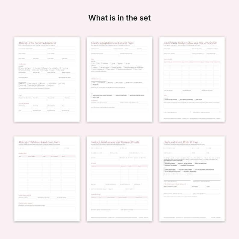 Puede incluir: Un conjunto de seis formularios impresos en blanco titulados What is in the set, que incluyen un contrato de servicios de maquillaje, un formulario de consulta del cliente, una hoja de reserva, un registro de prueba, una factura y una autorizaci&oacute;n de redes sociales.