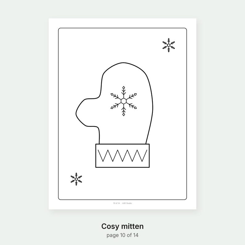 May include: A black and white line art drawing of a mitten featuring a central snowflake design and a zigzag pattern on the cuff. Two additional snowflakes are positioned in the corners. The text reads Cosy mitten page 10 of 14.